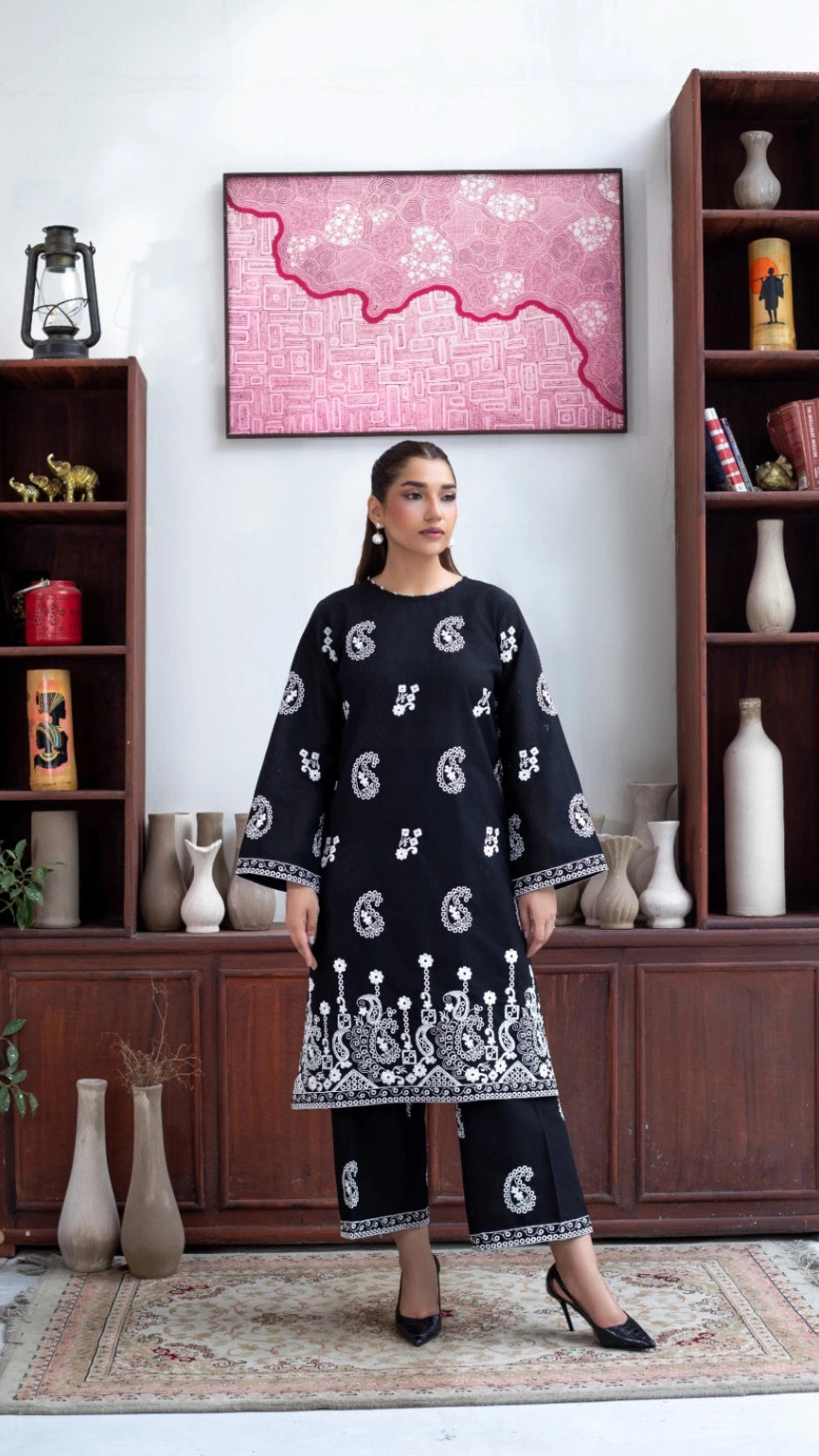 Elegant black Khadar suit with white embroidery and printed Pashmina shawl