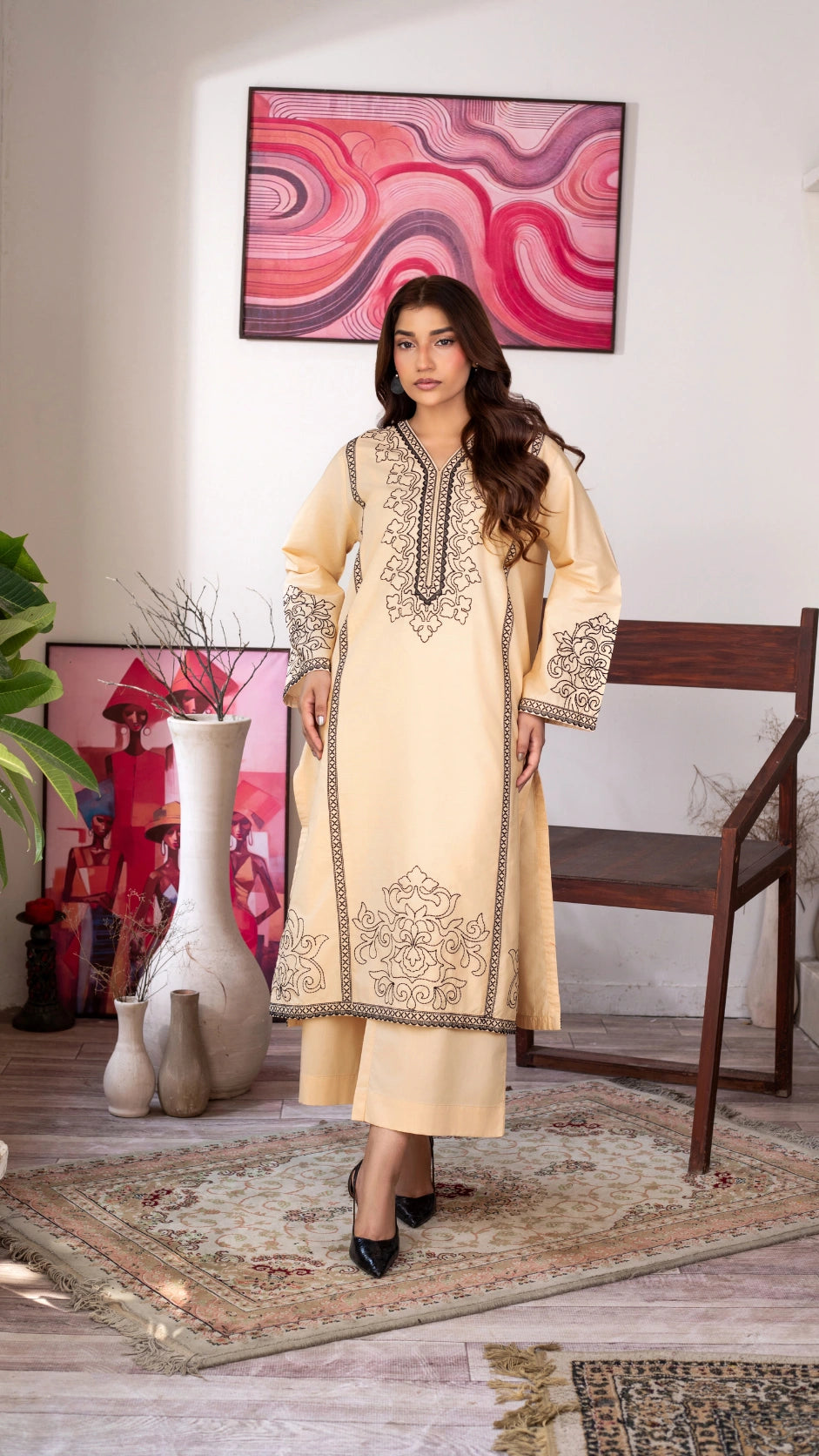 Lime embroidered 2-piece stitched Cambric suit for women