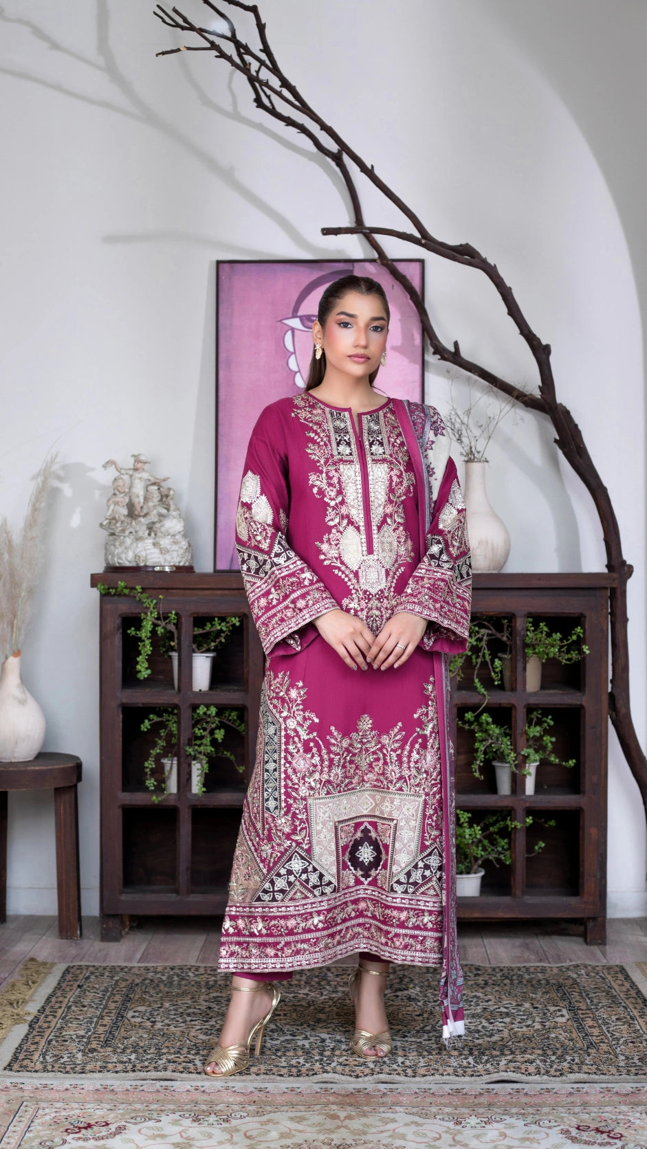 Luxury embroidered Pakistani winter suit in rich plum with Pashmina shawl
