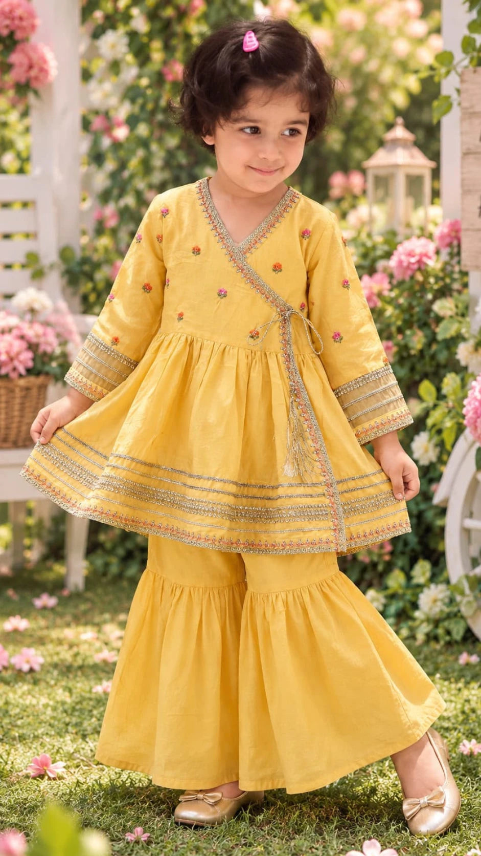 Mustard yellow 2-piece embroidered girls' dress with flared frock.