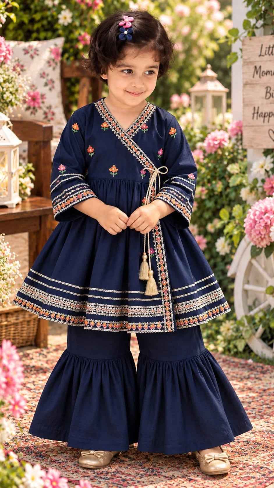 Navy blue 2-piece embroidered girls' dress with matching sharara.