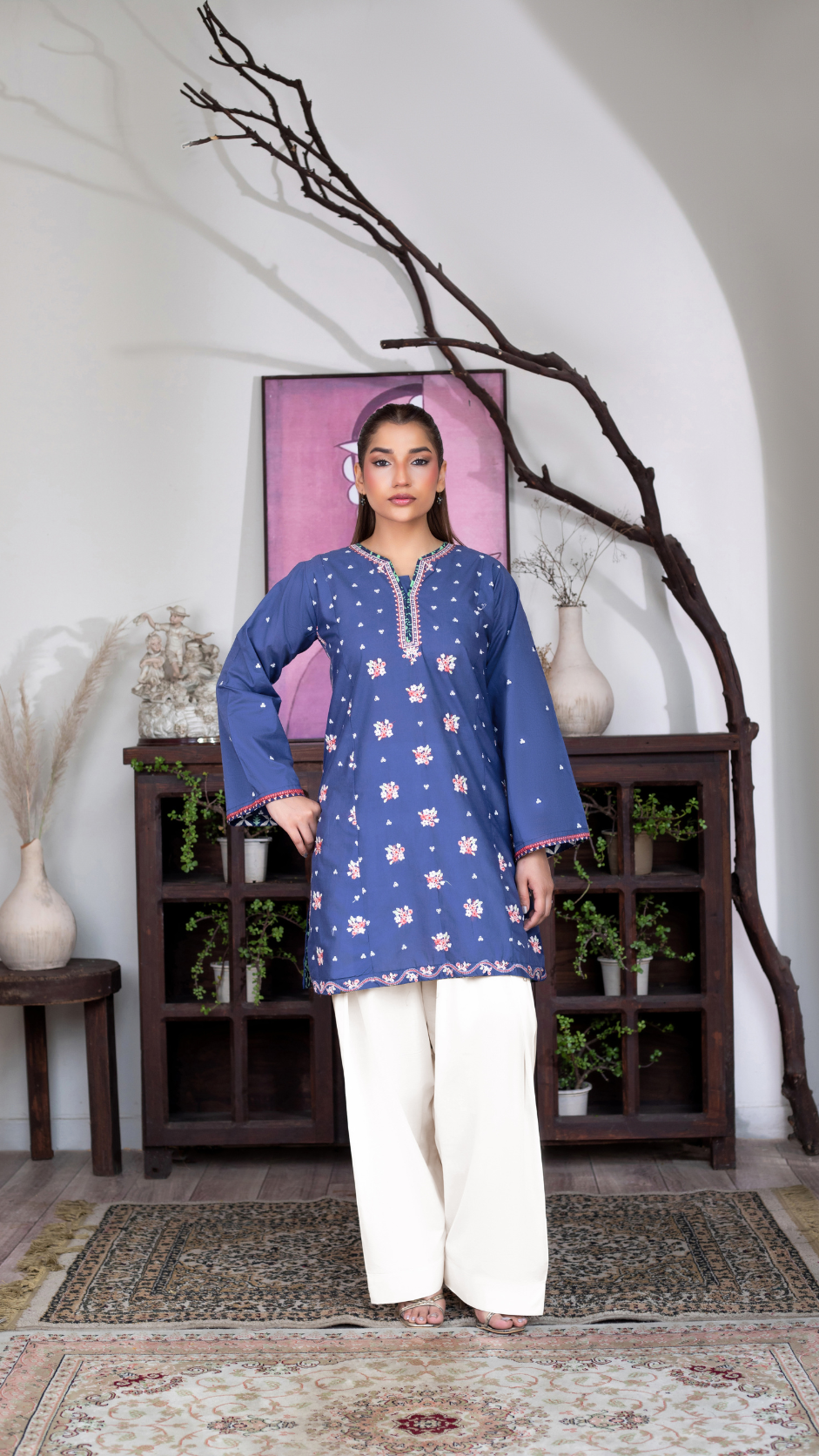 Royal blue floral embroidered 2-piece Pakistani suit for women