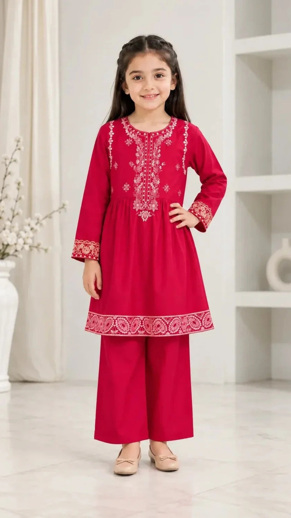 A young girl modeling a bright red two-piece kurta and trouser set with intricate white embroidery on the neckline, cuffs, and hem, standing in a bright, modern room.