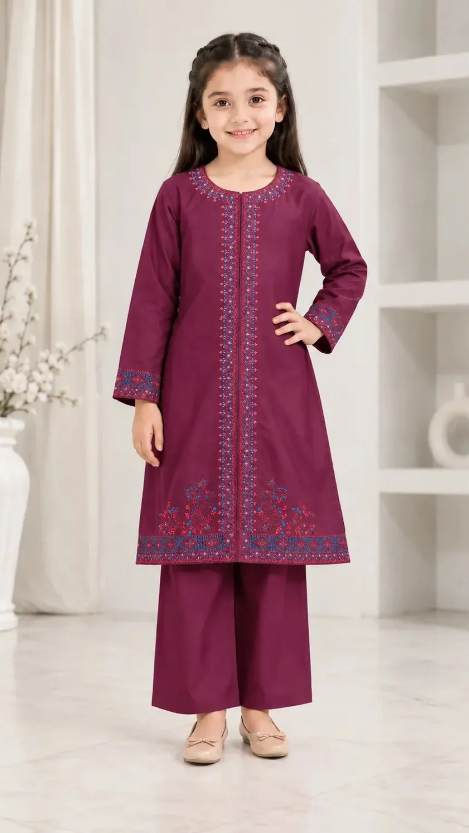 Young girl wearing a maroon dobby cotton embroidered kurta and trouser set.