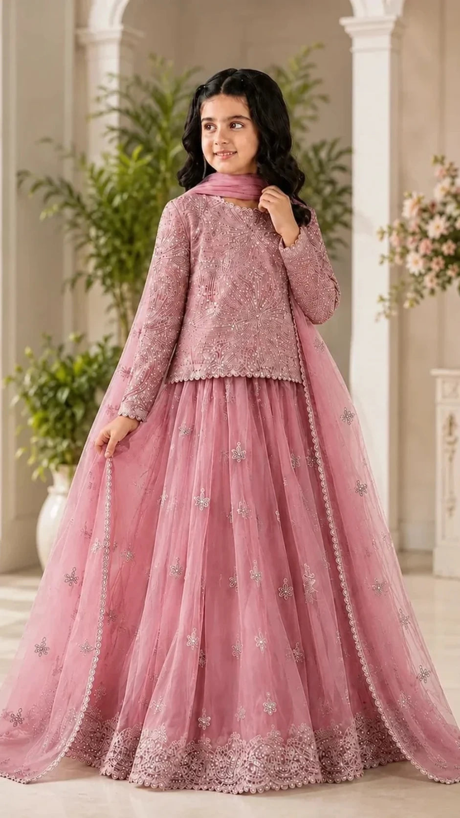 A young girl modeling a pink traditional Indian outfit with a heavily embroidered long kurta and a matching sheer flared skirt, posed in an elegant indoor setting with classical columns and potted plants.