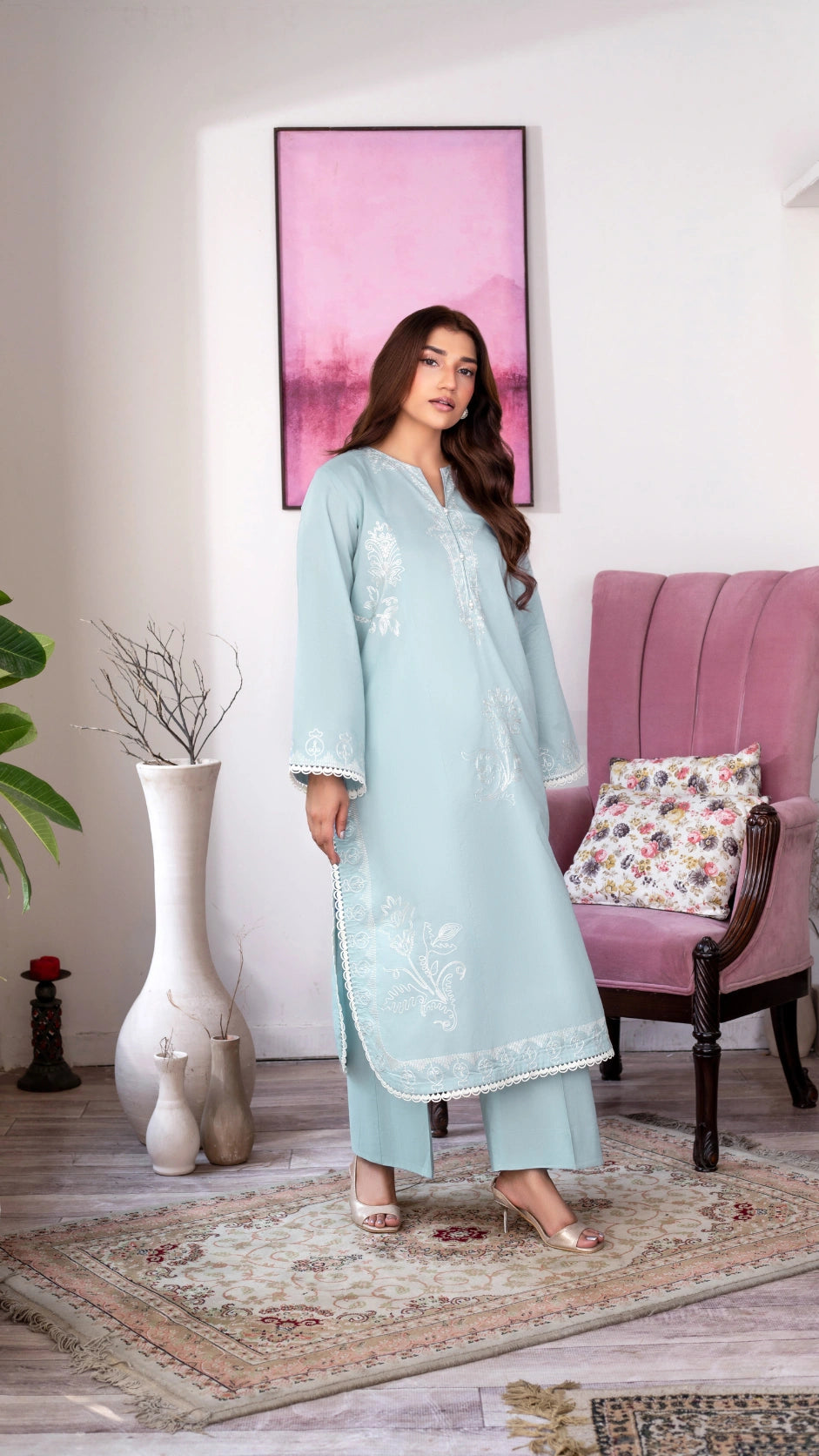Elegant light blue embroidered cambric shirt with matching trousers for women