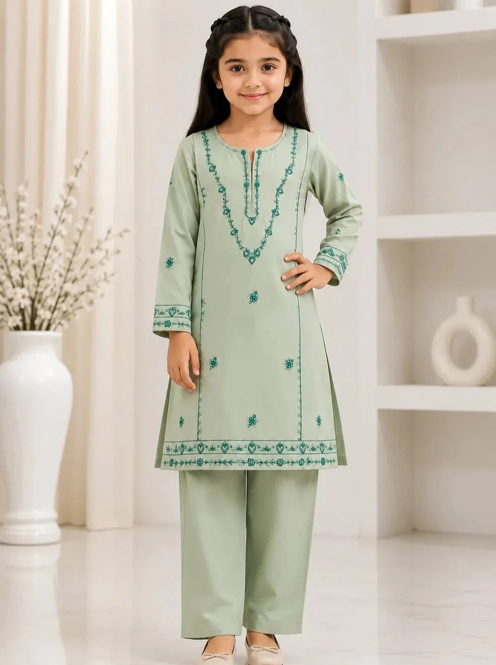 mint green dress for kids neck and border embroidered, full sleeves, and plain trousers