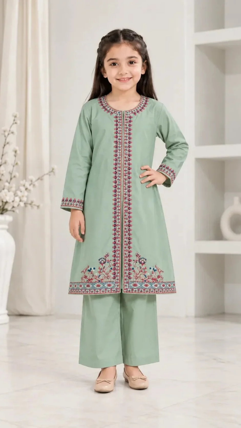 Girls sage green traditional cotton kurta trouser set with colorful embroidery.