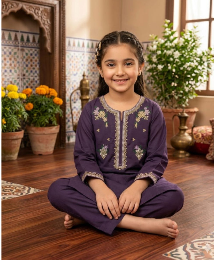 Shahana kids lawn emb 2pc suit 4/5 year chest 14 length 23