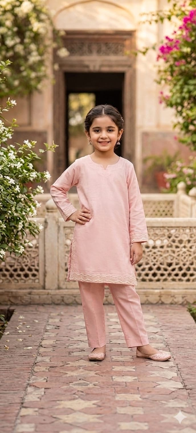 Girls Pastel Pink Embroidered Kurta & Trouser