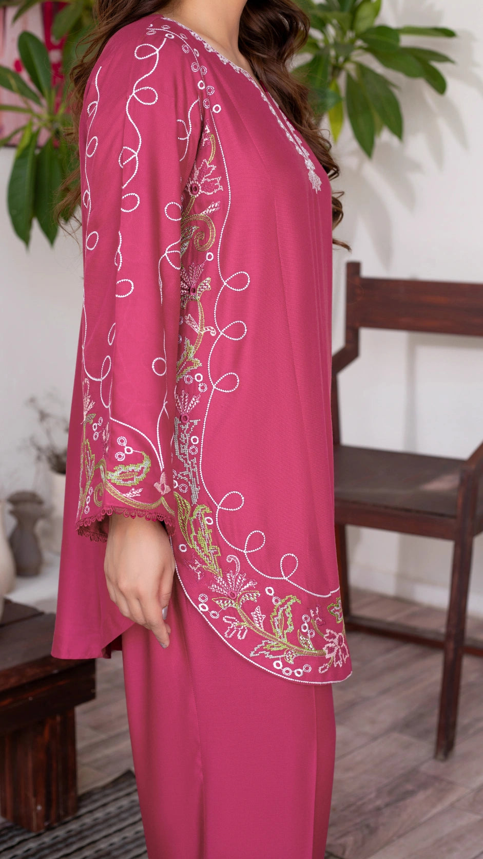 Mid-season pink embroidered Dhanak outfit with matching trousers