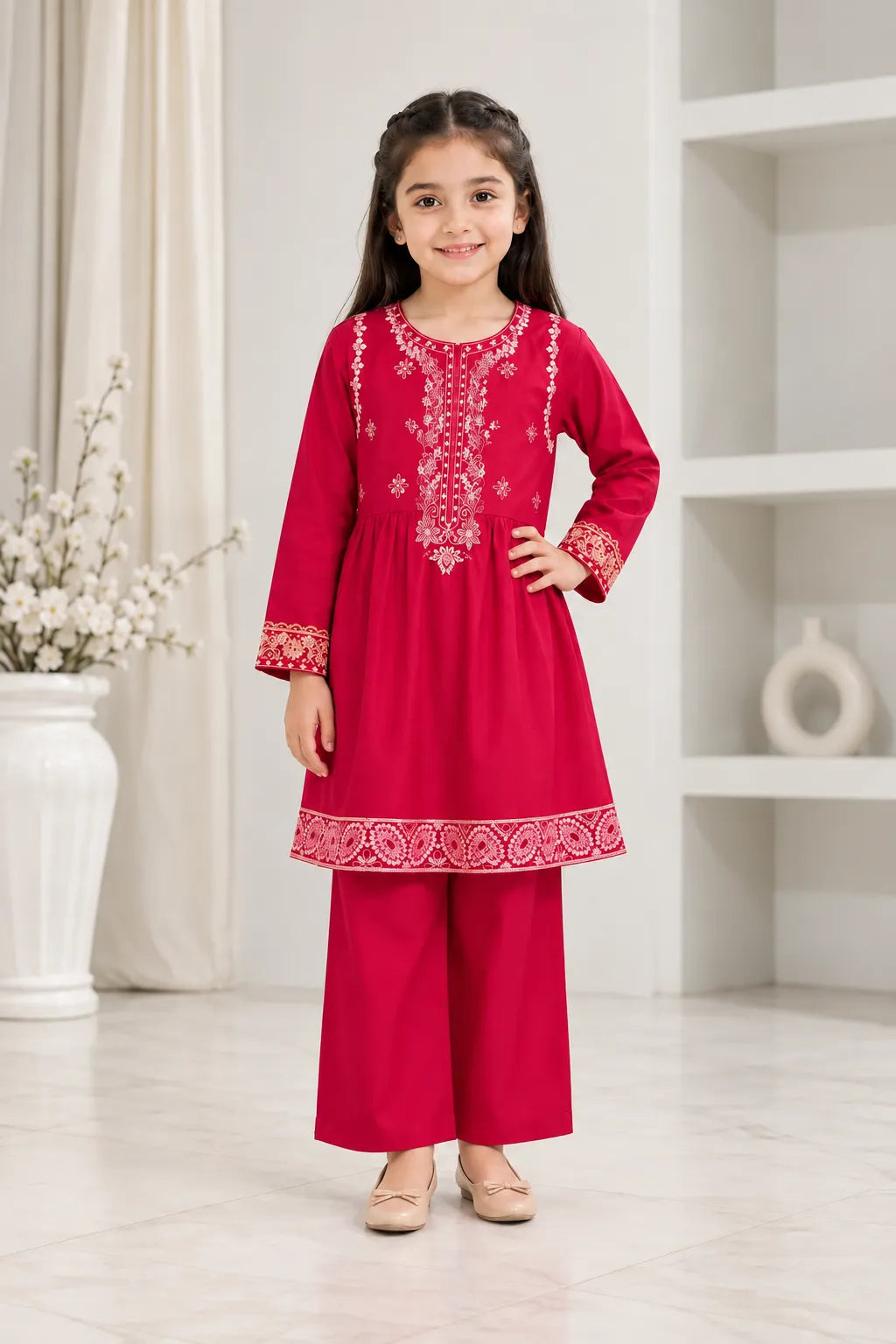 Pink girls’ suit with white floral embroidery on neckline and hem