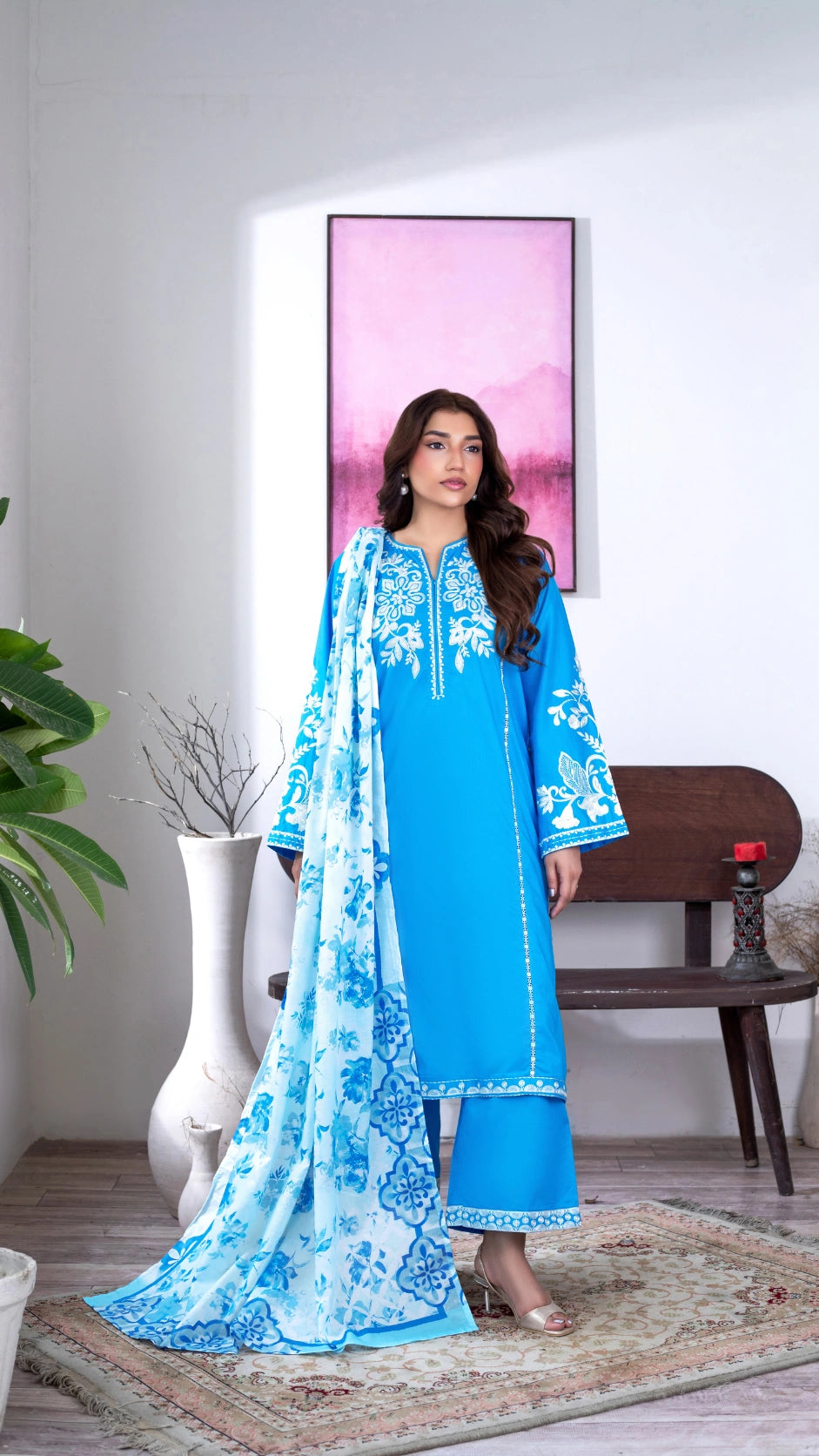 Premium blue 3-piece ethnic outfit with intricate embroidery and floral detailing