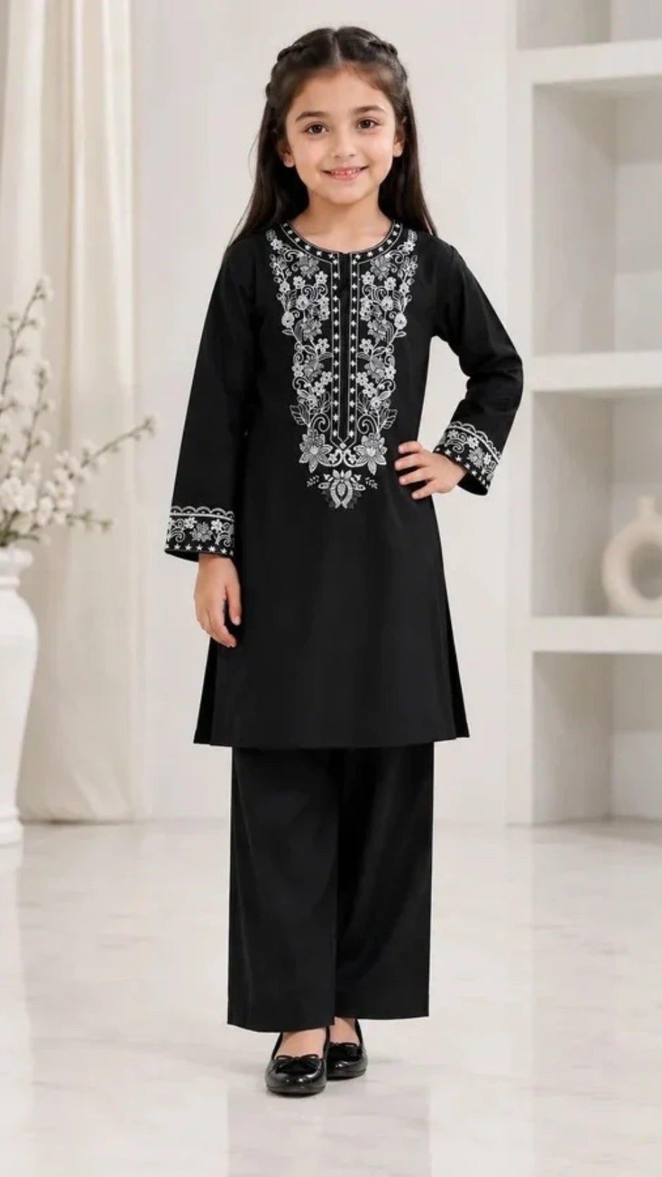 black white embroidered 2 piece dress for kids 