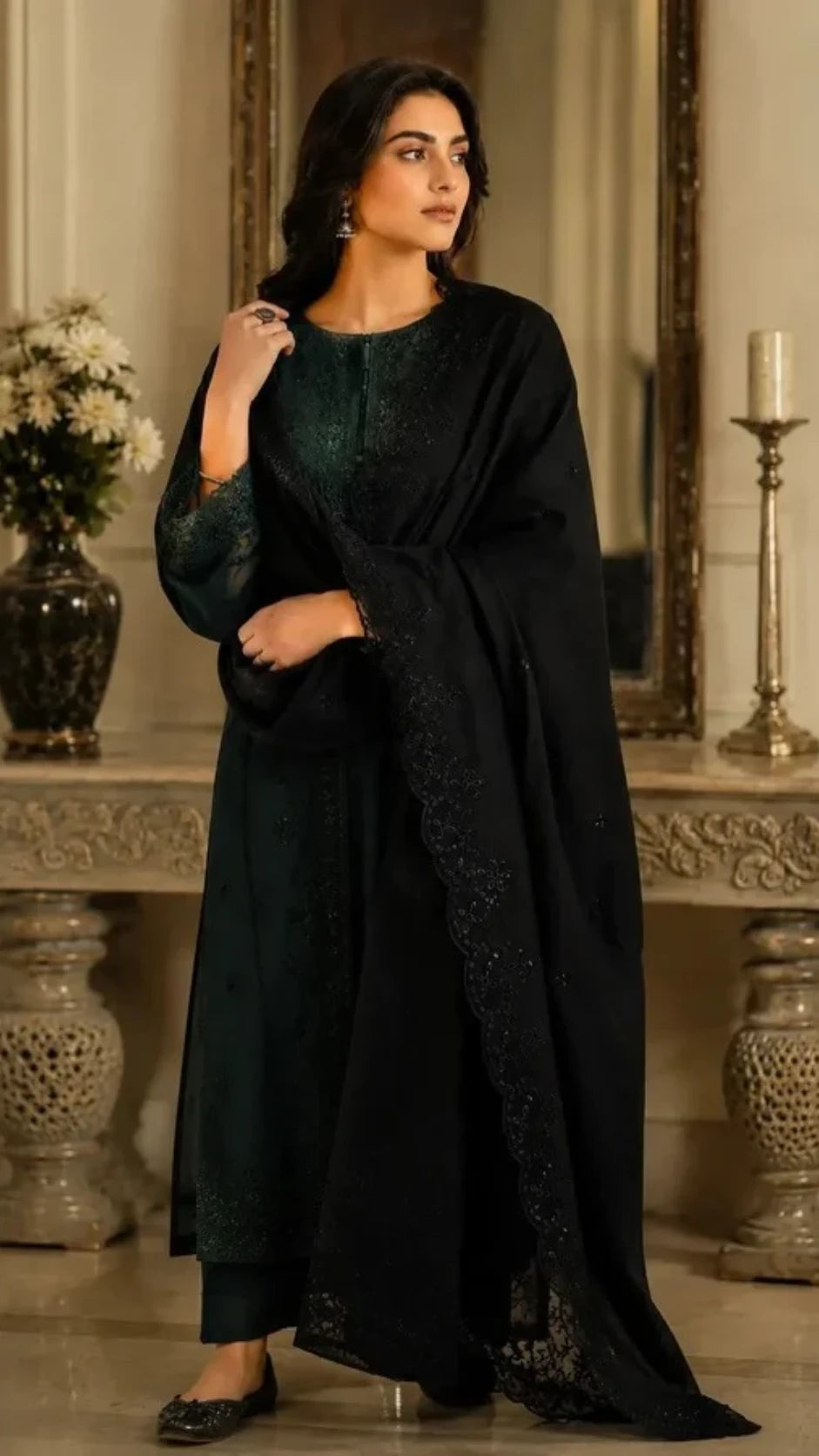 a black embroidered shawl for women
