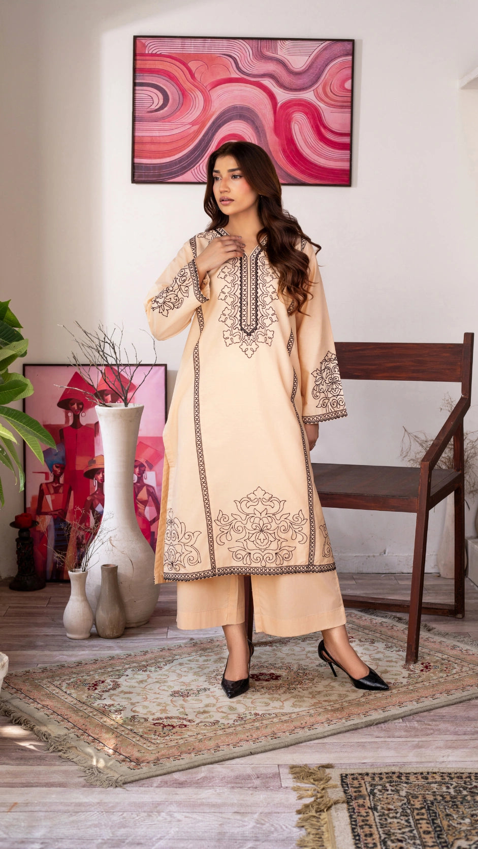 Elegant lime Cambric embroidered shirt with matching trousers
