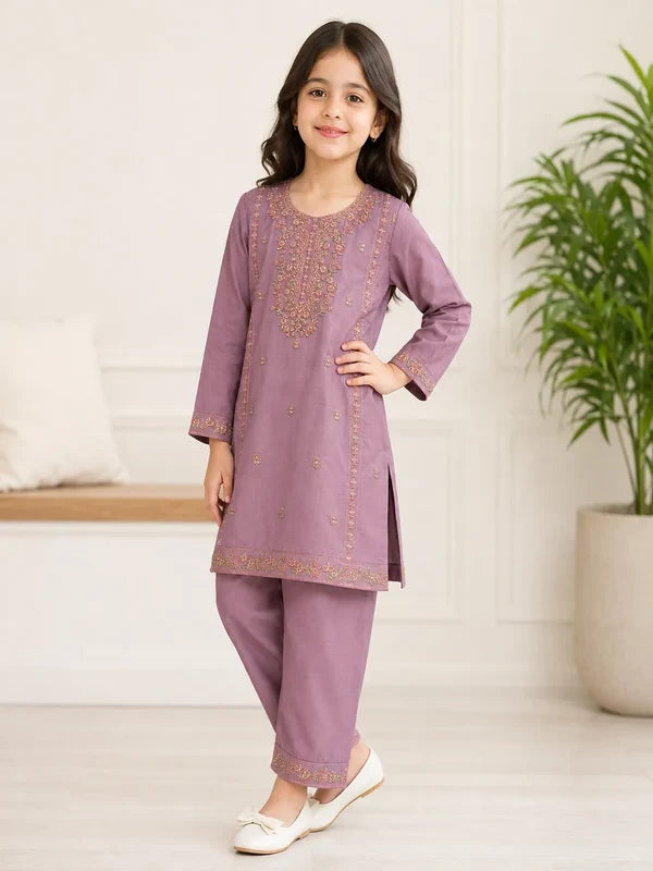 mauve embroidered 2 piece dress for girls