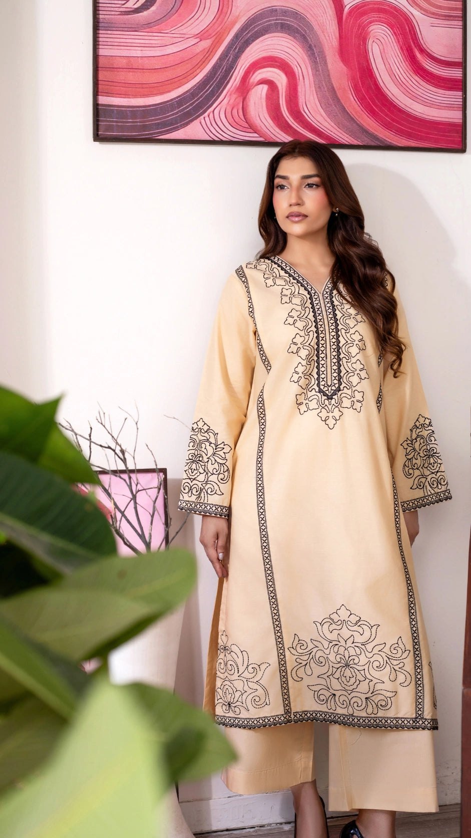 Stylish lime embroidered Cambric outfit for mid-season wear