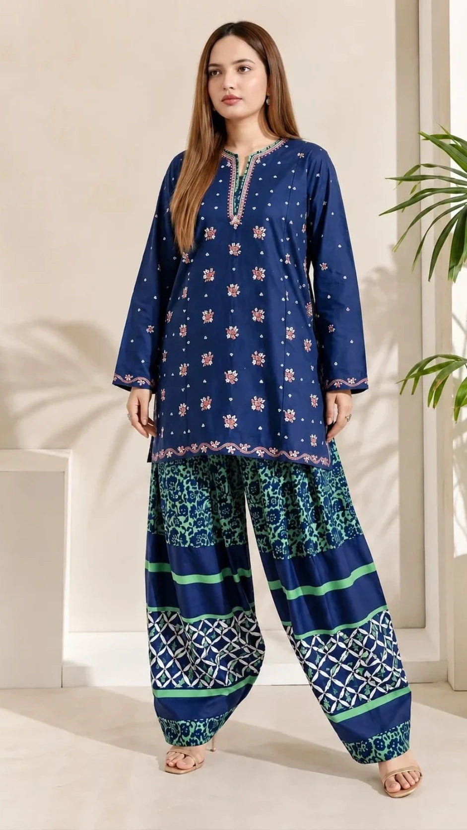 A woman modeling a navy blue two-piece kurta set with intricate floral and geometric patterns, standing in a brightly lit indoor setting.