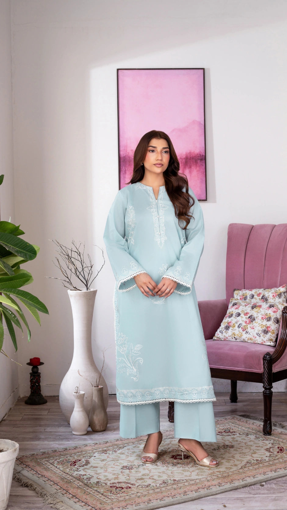 Women’s pastel blue 2-piece stitched cambric embroidered suit with matching trousers