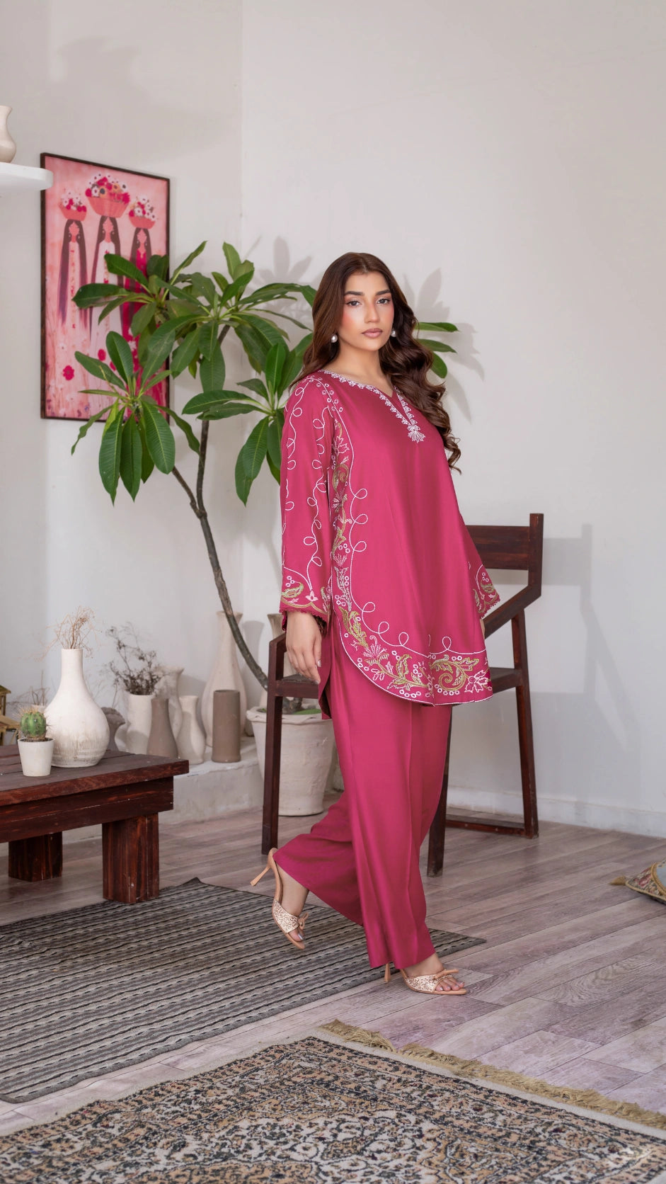 Pakistani women’s pink 2-piece stitched embroidered Dhanak outfit