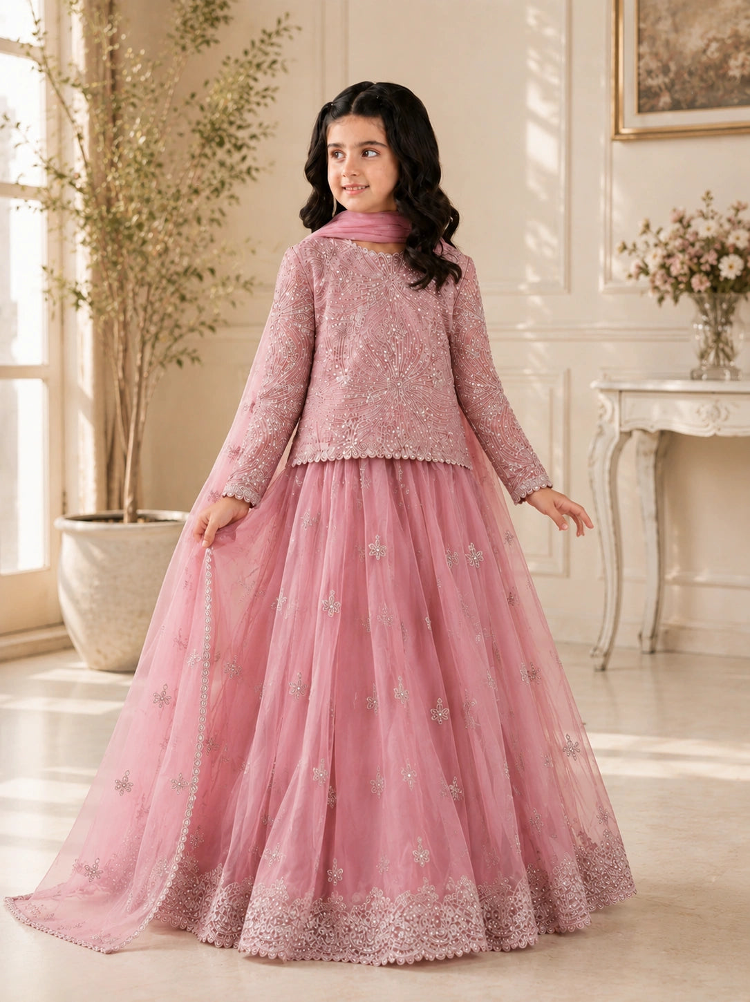 Elegant pink embroidered frock for girls, perfect for weddings, parties, Eid, and special occasions.