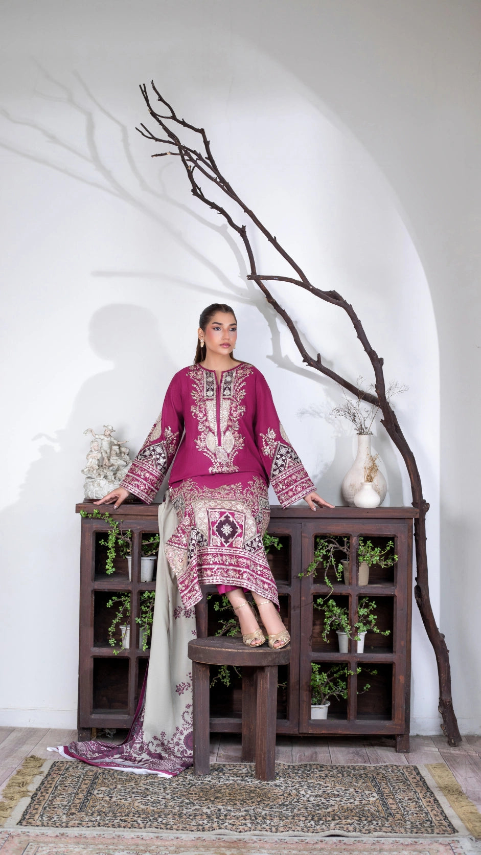 Luxury embroidered Pakistani winter suit in rich plum with Pashmina shawl